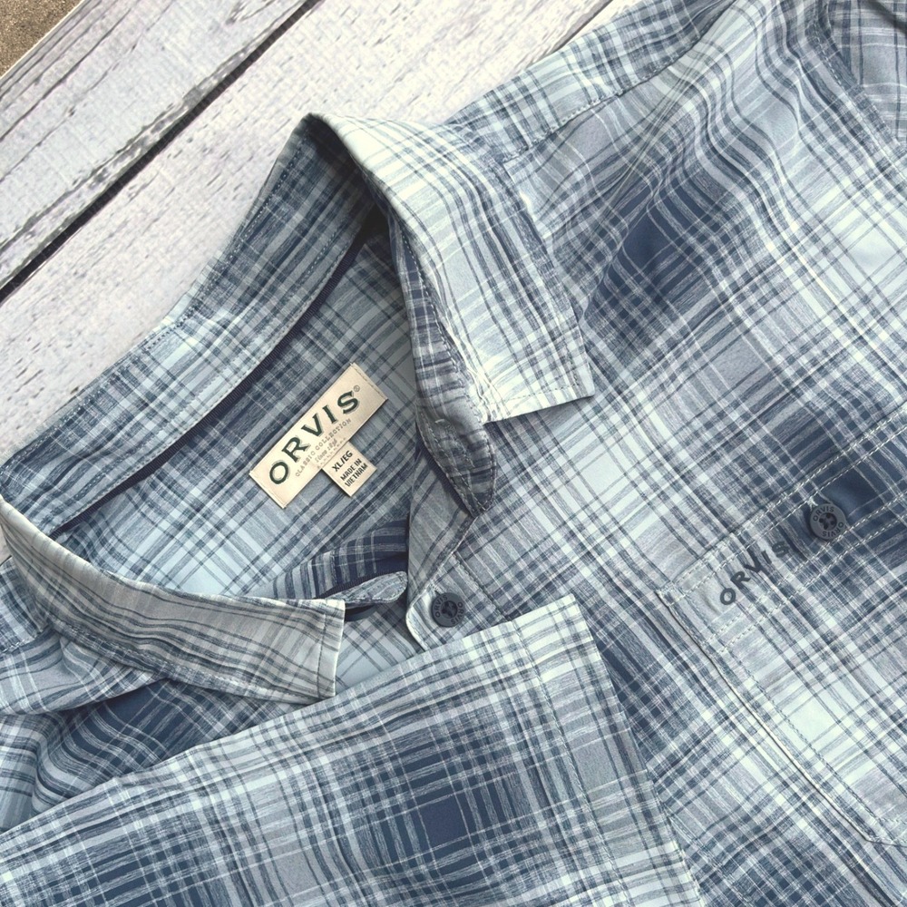 Orvis Mens Lightweight XL Blue Plaid Short Sleeve Shirt Hiking Utility Outdoor